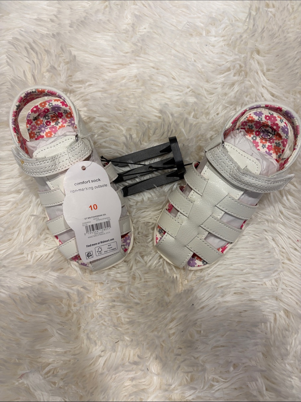 Kids White Fisherman Sandals with Floral Lining - Size 10